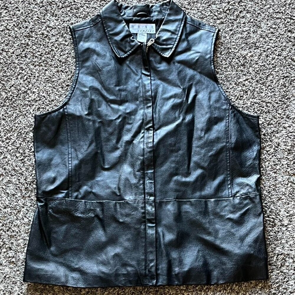 Vintage 90s Real Comfort Black 100% Genuine Leather Jacket Wmn L Moto Biker Punk - Picture 1 of 6